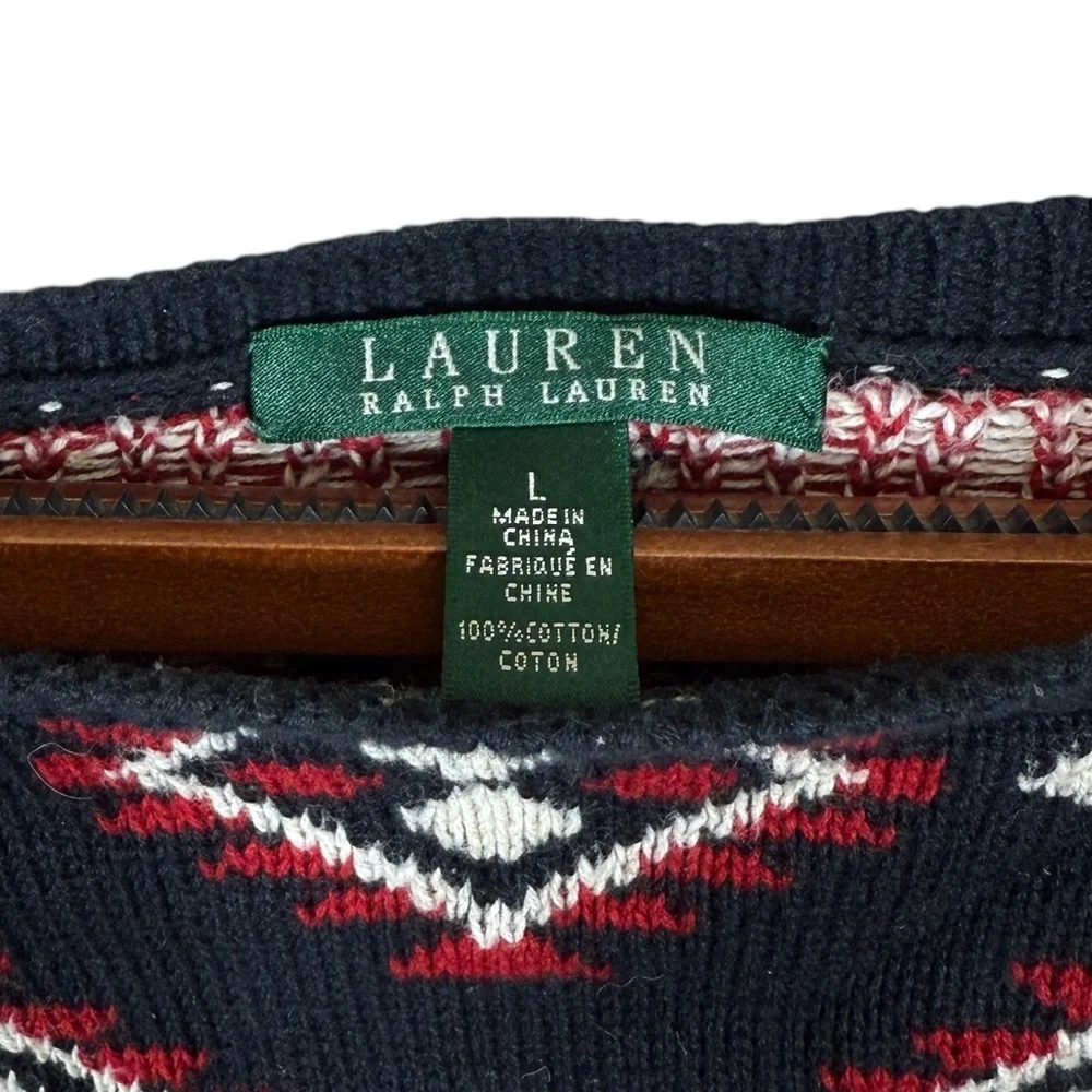 Lauren Ralph Lauren Navy and Red Aztec Print Cotton Long-Line Sweater Size L